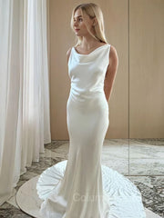 Sheath/Column Scoop Court Train Silk like Satin Corset Wedding Dresses outfit, Wedding Dresses Custom