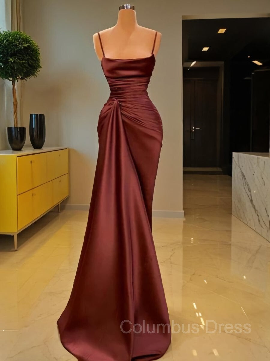 Sheath/Column Spaghetti Straps Floor-Length Elastic Woven Satin Corset Prom Dresses With Ruffles Gowns, Prom Dresses For 35 Year Olds