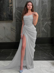 Sheath/Column Spaghetti Straps Sweep Train Organza Corset Prom Dresses With Leg Slit outfit, Formal Dresses 2046