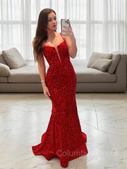 Sheath/Column Spaghetti Straps Sweep Train Corset Prom Dresses outfit, Evening Dress Red