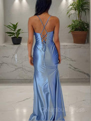 Sheath/Column Spaghetti Straps Sweep Train Silk like Satin Corset Prom Dresses With Leg Slit outfit, Prom Dresses Elegent