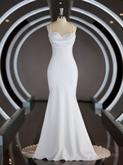 Sheath/Column Square Court Train Stretch Crepe Corset Wedding Dresses with Ruffles Gowns, Wedding Dresses Mermaid
