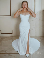 Sheath/Column Strapless Court Train Stretch Crepe Corset Wedding Dresses With Leg Slit outfit, Wedding Dresses Romantic