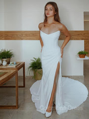 Sheath/Column Strapless Court Train Stretch Crepe Corset Wedding Dresses With Leg Slit outfit, Wedding Dress Outfits