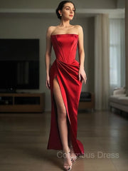 Sheath/Column Strapless Sweep Train Satin Corset Prom Dresses With Leg Slit outfit, Evening Dress