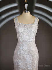 Sheath/Column Straps Sweep Train Lace Corset Wedding Dresses with Appliques Lace outfit, Wedding Dressed With Pockets