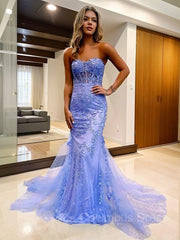 Sheath/Column Sweetheart Court Train Tulle Corset Prom Dresses With Appliques Lace outfit, Prom Dresses Long Light Blue