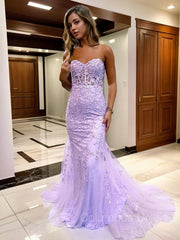 Sheath/Column Sweetheart Court Train Tulle Corset Prom Dresses With Appliques Lace outfit, Prom Dress Long Sleeve Ball Gown
