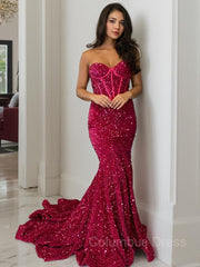 Sheath/Column Sweetheart Court Train Velvet Sequins Corset Prom Dresses With Ruffles Gowns, Red Prom Dress