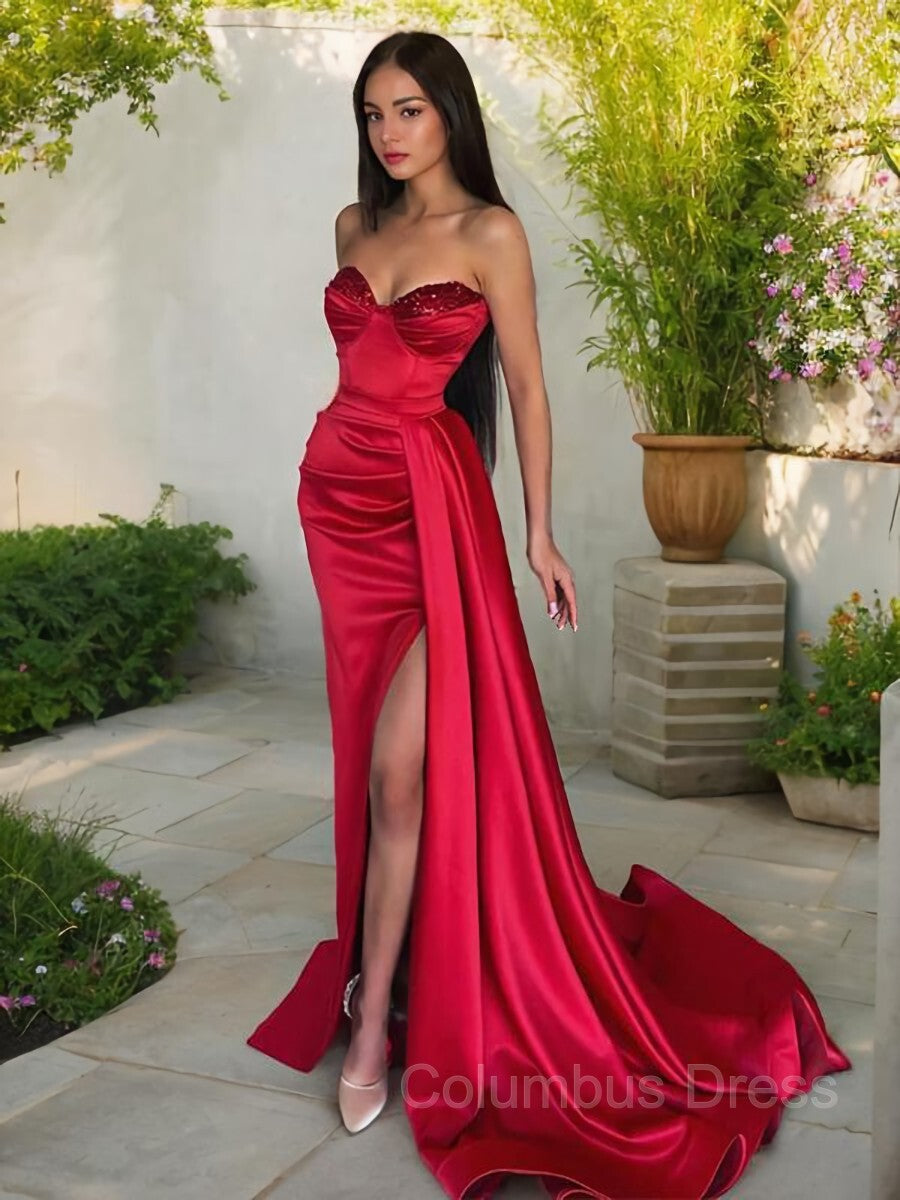 Sheath/Column Sweetheart Sweep Train Elastic Woven Satin Corset Prom Dresses With Leg Slit outfit, Prom Dress Aesthetic