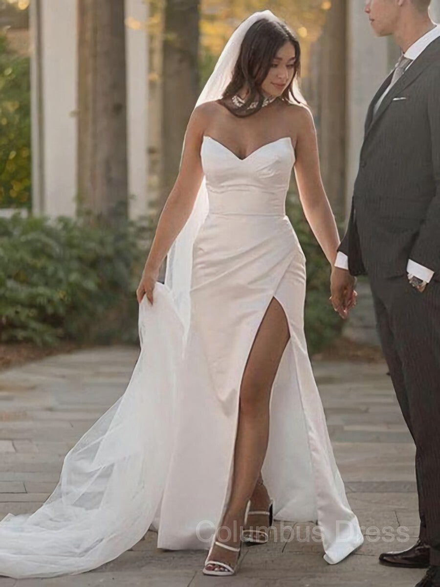 Sheath/Column Sweetheart Sweep Train Satin Corset Wedding Dresses With Leg Slit outfit, Wedsing Dress Princess