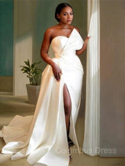 Sheath/Column Sweetheart Sweep Train Satin Corset Wedding Dresses With Leg Slit outfit, Wedding Dress Short Bride
