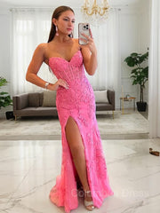 Sheath/Column Sweetheart Sweep Train Tulle Corset Prom Dresses With Leg Slit outfit, Evening Dress With Sleeves