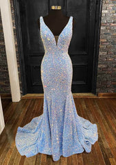Sheath/Column Trumpet/Mermaid V Neck Sleeveless Velvet Sequins Sweep Train Corset Prom Dress outfits, Prom Dresses Blue Lace
