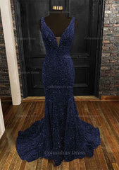 Sheath/Column Trumpet/Mermaid V Neck Sleeveless Velvet Sequins Sweep Train Corset Prom Dress outfits, Prom Dresses Light Blue