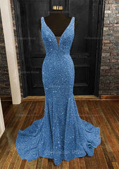 Sheath/Column Trumpet/Mermaid V Neck Sleeveless Velvet Sequins Sweep Train Corset Prom Dress outfits, Prom Dress Light Blue