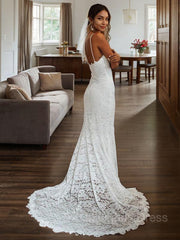 Sheath/Column V-neck Court Train Lace Corset Wedding Dresses outfit, Wedding Dresses 2029