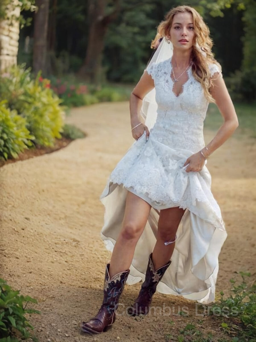 Sheath/Column V-neck Court Train Lace Corset Wedding Dresses With Appliques Lace outfit, Wedding Dresses V