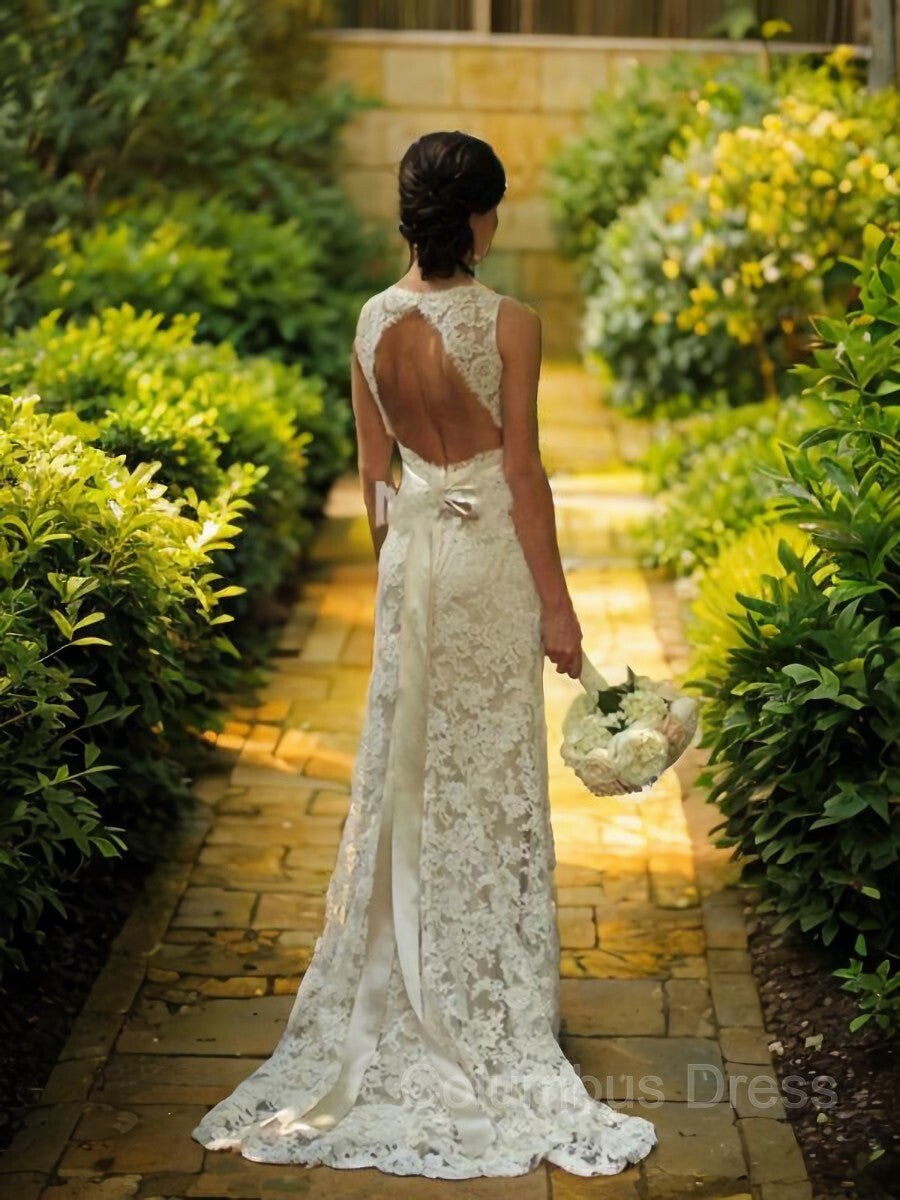 Sheath/Column V-neck Court Train Lace Corset Wedding Dresses With Belt/Sash outfits, Wedding Dresses Fabric