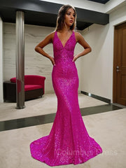 Sheath/Column V-neck Court Train Sequins Corset Prom Dresses outfit, Formal Dresses Lace