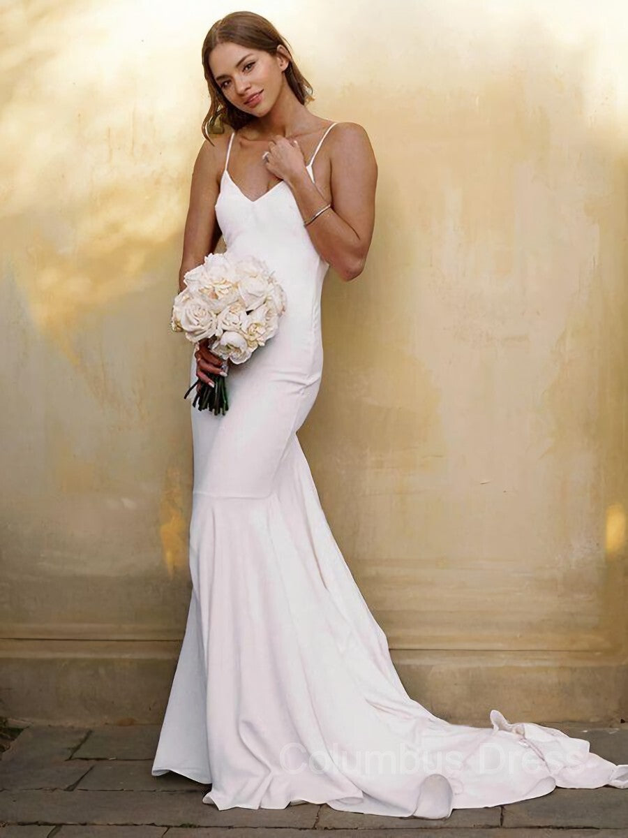 Sheath/Column V-neck Court Train Stretch Crepe Corset Wedding Dresses outfit, Wedding Dress Bridesmaid