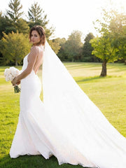 Sheath/Column V-neck Court Train Stretch Crepe Corset Wedding Dresses outfit, Wedding Dress With Strap