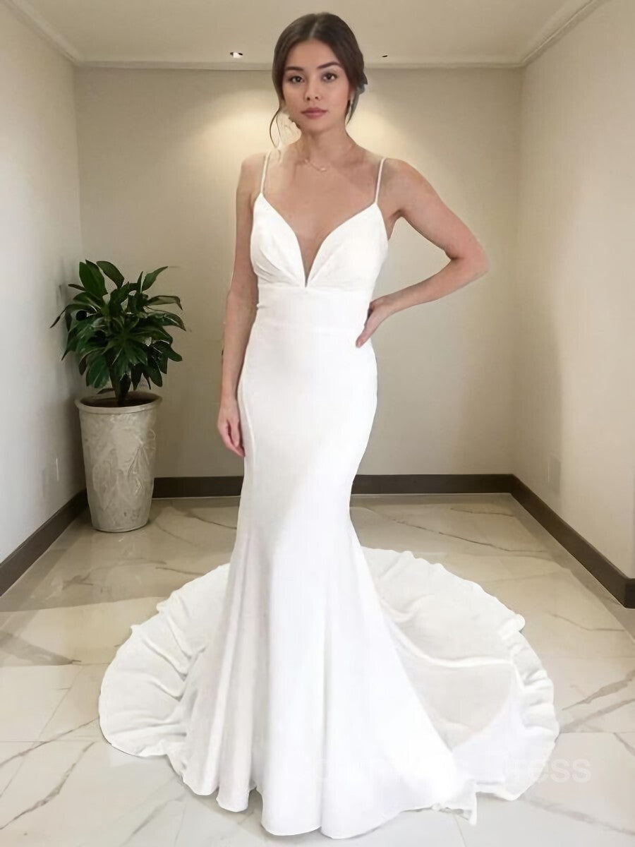 Sheath/Column V-neck Court Train Stretch Crepe Corset Wedding Dresses outfit, Wedding Dresses With Long Sleeves