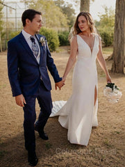 Sheath/Column V-neck Court Train Stretch Crepe Corset Wedding Dresses With Leg Slit outfit, Wedding Dress Wedding Dresses