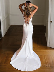 Sheath/Column V-neck Court Train Stretch Crepe Corset Wedding Dresses With Leg Slit outfit, Wedding Dress Outfit