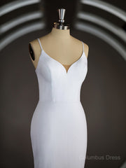 Sheath/Column V-neck Court Train Stretch Crepe Corset Wedding Dresses with Ruffles Gowns, Wedding Dresses Simple