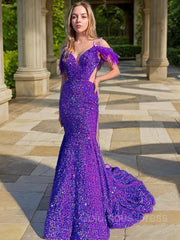 Sheath/Column V-neck Court Train Velvet Sequins Corset Prom Dresses outfit, Bridesmaids Dress Purple