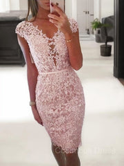 Sheath/Column V-neck Knee-Length Lace Corset Homecoming Dresses outfit, Prom Dresses Boho