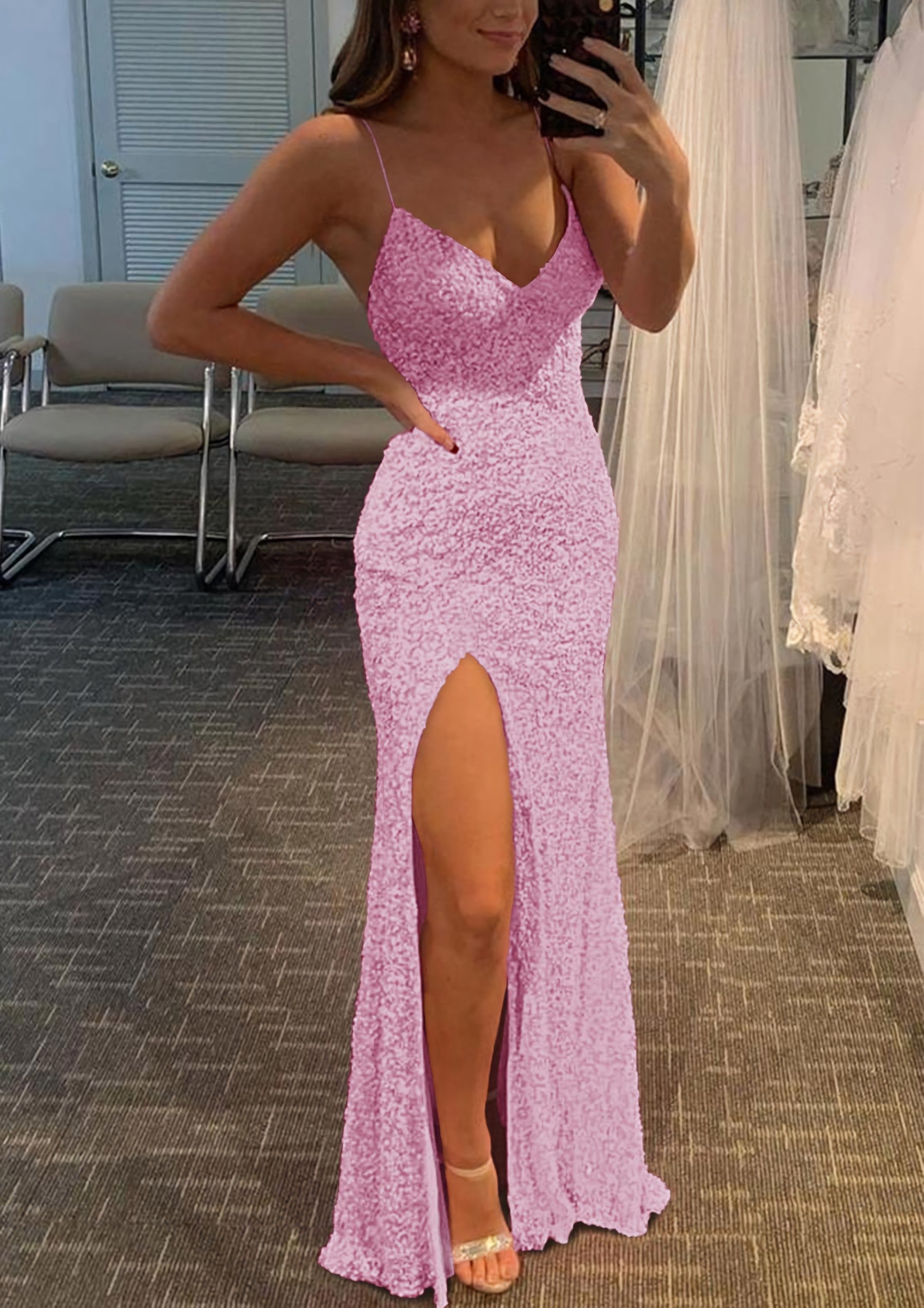 Sheath/Column V Neck Spaghetti Straps Long/Floor-Length Velvet Sequins Corset Prom Dress With Split outfit, Wedding Guest Outfit