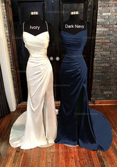Sheath/Column V Neck Spaghetti Straps Sweep Train Satin Corset Prom Dress With Pleated Split outfit, Prom Dress With Sleeve