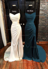 Sheath/Column V Neck Spaghetti Straps Sweep Train Satin Corset Prom Dress With Pleated Split outfit, Prom Dresses Navy