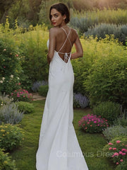 Sheath/Column V-neck Sweep Train Stretch Crepe Corset Wedding Dresses With Leg Slit outfit, Wedding Dress Strapless