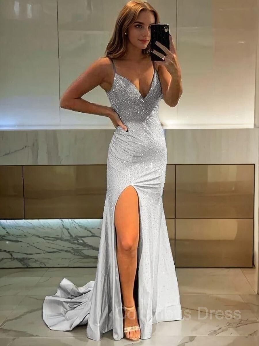 Sheath/Column V-neck Sweep Train Jersey Corset Prom Dresses With Leg Slit outfit, Rustic Wedding Dress