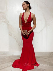 Sheath/Column V-neck Sweep Train Jersey Corset Prom Dresses With Ruffles Gowns, Prom Dress Red