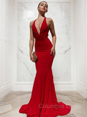 Sheath/Column V-neck Sweep Train Jersey Corset Prom Dresses With Ruffles Gowns, Prom Dress Online