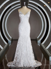 Sheath/Column V-neck Sweep Train Lace Corset Wedding Dresses with Appliques Lace outfit, Wedding Dress Elegant