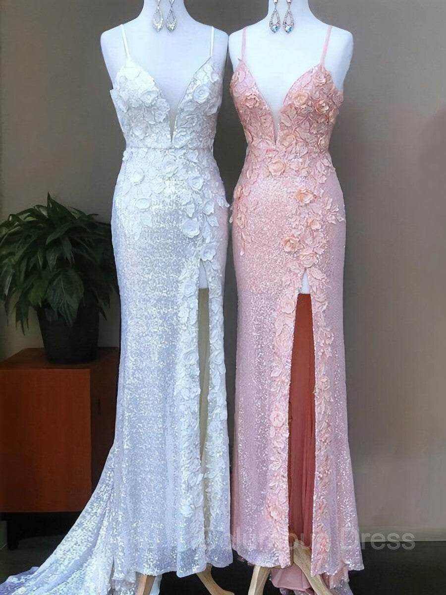 Sheath/Column V-neck Sweep Train Sequins Corset Prom Dresses With Leg Slit outfit, Prom Dress With Long Sleeves
