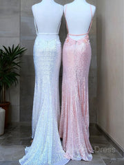 Sheath/Column V-neck Sweep Train Sequins Corset Prom Dresses With Leg Slit outfit, Prom Dress Casual