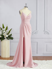 Sheath/Column V-neck Sweep Train Stretch Crepe Corset Bridesmaid Dresses with Leg Slit outfit, Prom Dress Spring