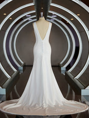 Sheath/Column V-neck Sweep Train Stretch Crepe Corset Wedding Dresses with Ruffles Gowns, Wedding Dress Trains