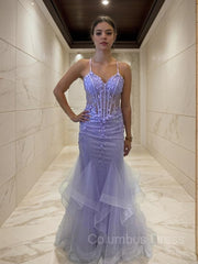 Sheath/Column V-neck Sweep Train Tulle Corset Prom Dresses With Ruffles Gowns, Formal Dress Fall