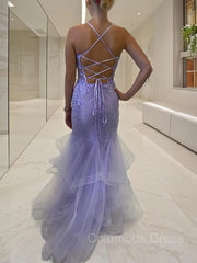 Sheath/Column V-neck Sweep Train Tulle Corset Prom Dresses With Ruffles Gowns, Formal Dresses Fall