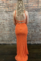 Sheath Deep V Neck Orange Sequins Backless Long Corset Prom Dress outfits, Sheath Deep V Neck Orange Sequins Backless Long Prom Dress