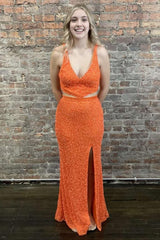 Sheath Deep V Neck Orange Sequins Backless Long Corset Prom Dress outfits, Sheath Deep V Neck Orange Sequins Backless Long Prom Dress