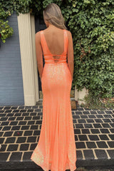 Sheath Deep V Neck Orange Sequins Long Corset Prom Dress with Split Front Gowns, Sheath Deep V Neck Orange Sequins Long Prom Dress with Split Front