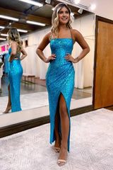 Sheath Halter Blue Sequins Corset Prom Dress with Silt Gowns, Sheath Halter Blue Sequins Prom Dress with Silt